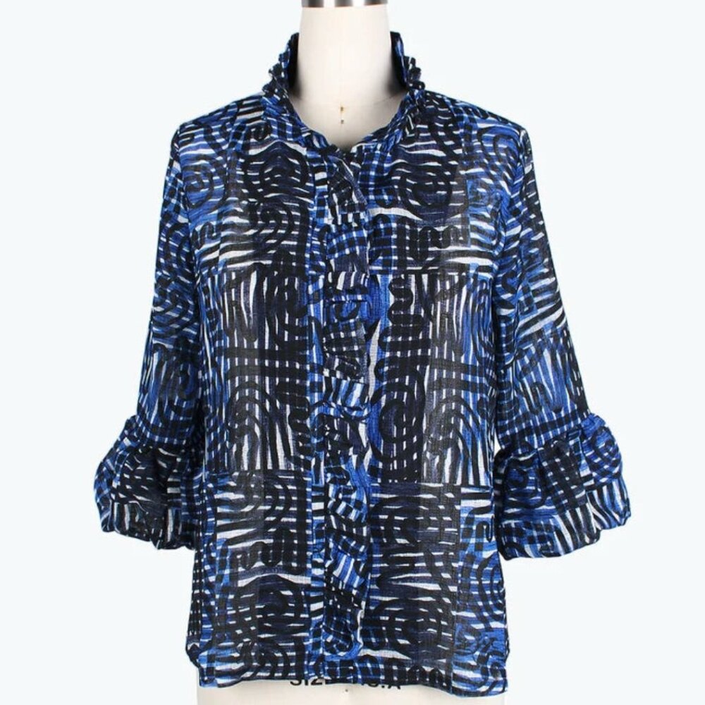 Dame  Brand women jacket ruffle and puffy sleeve.  Could be used as a button up